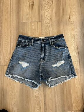 Abercrombie High-Rise Distressed Denim Shorts in Blue